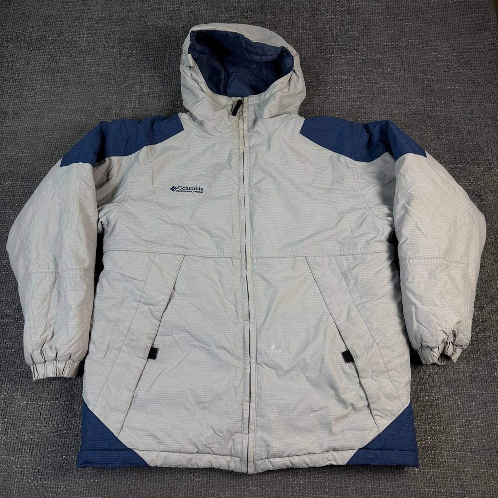 Columbia Puffer Jacket Mens L Grey Navy Blue 90s Vintage Gorpcore Hooded Coat